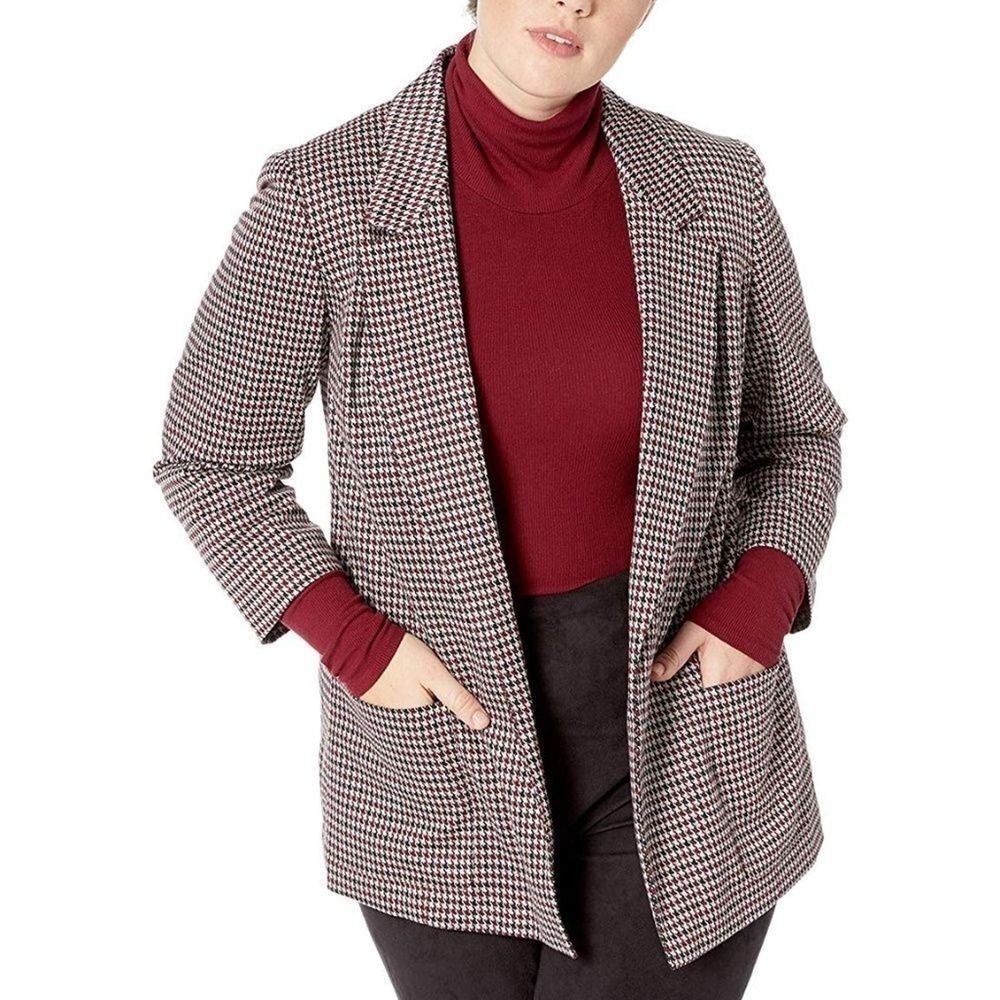 Nine West Blazer Women Red/Black Houndstooth Open Front‎ Blazer Medium Corpcore